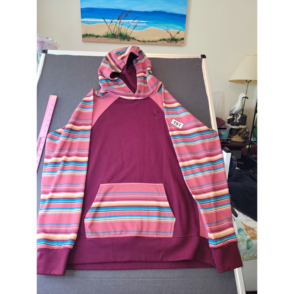 Hooey Unisex XL Striped Burgundy Pullover Fleece Hoodie Logo Pockets